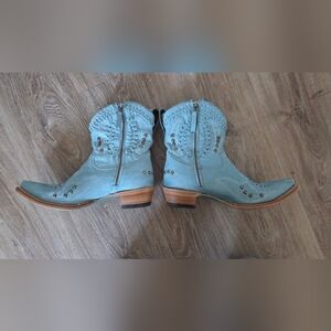 LANE Braided Shaft Light Blue Western Ankle Boots with Side Zip